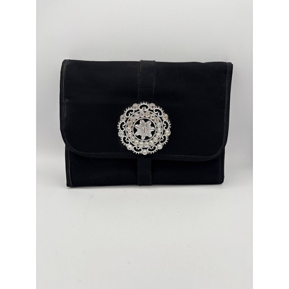 Black Satin Clutch With Silver Embellishment & Magnetic Closure